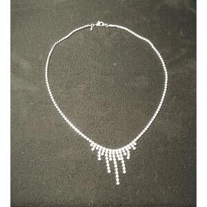 Vintage Silver Tone Rhinestone Waterfall Necklace, Crystal Fringe Cascading Bib